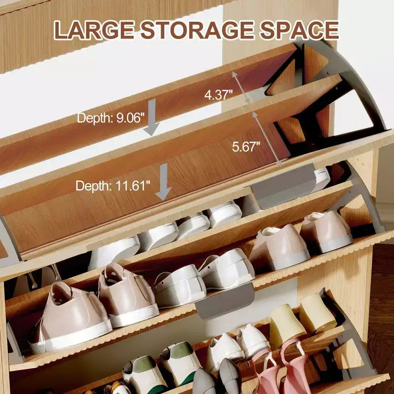 Scarpiera moderna con 3 ante a ribalta e 2 cassetti piccoli e gancio, organizer slim scanalato per scarpe, mobiletto stretto per ingresso