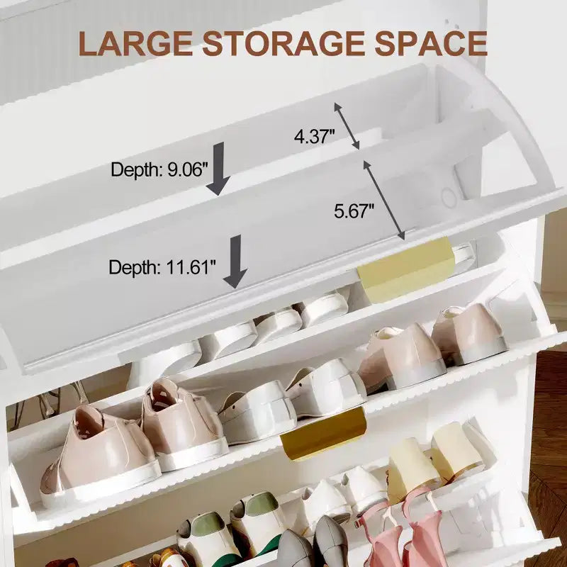 Scarpiera moderna con 3 ante a ribalta e 2 cassetti piccoli e gancio, organizer slim scanalato per scarpe, mobiletto stretto per ingresso
