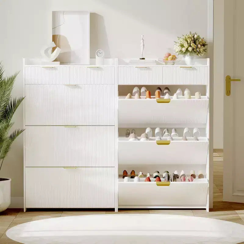 Scarpiera moderna con 3 ante a ribalta e 2 cassetti piccoli e gancio, organizer slim scanalato per scarpe, mobiletto stretto per ingresso