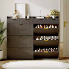 Scarpiera moderna con 3 ante a ribalta e 2 cassetti piccoli e gancio, organizer slim scanalato per scarpe, mobiletto stretto per ingresso