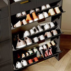 Scarpiera moderna con 3 ante a ribalta e 2 cassetti piccoli e gancio, organizer slim scanalato per scarpe, mobiletto stretto per ingresso