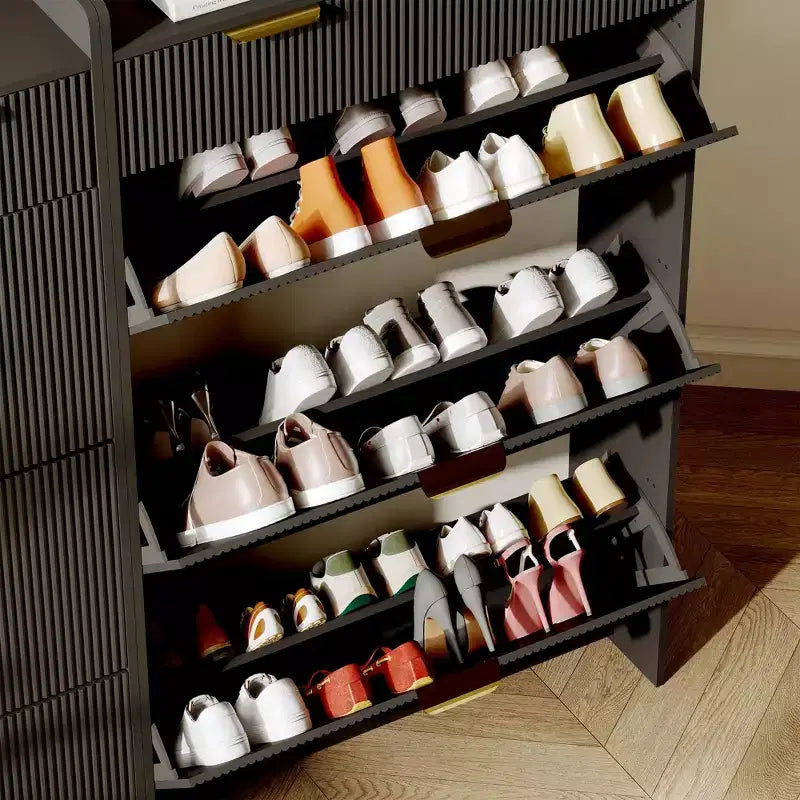 Scarpiera moderna con 3 ante a ribalta e 2 cassetti piccoli e gancio, organizer slim scanalato per scarpe, mobiletto stretto per ingresso