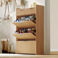 Scarpiera moderna con 3 ante a ribalta e 2 cassetti piccoli e gancio, organizer slim scanalato per scarpe, mobiletto stretto per ingresso