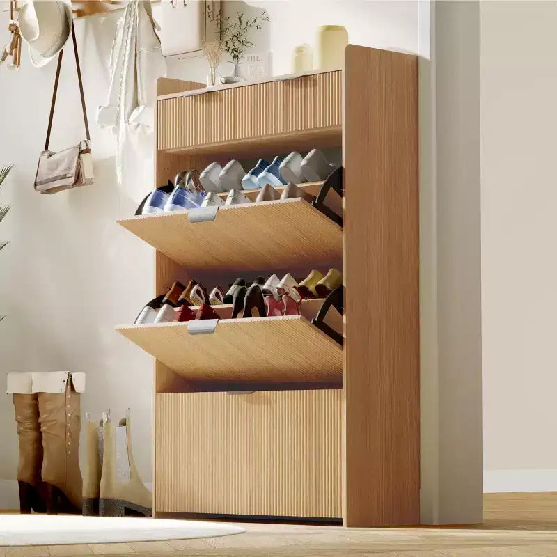 Scarpiera moderna con 3 ante a ribalta e 2 cassetti piccoli e gancio, organizer slim scanalato per scarpe, mobiletto stretto per ingresso