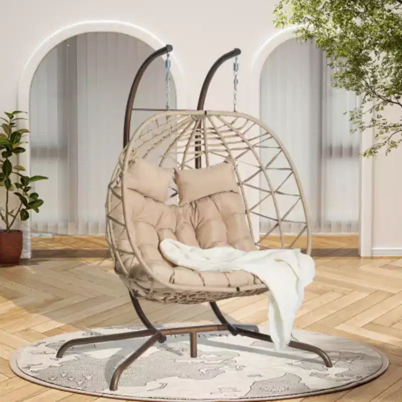 Sedia a Uovo Doppia da Interno-Esterno con Supporto: Altalena a Dondolo in Rattan Sintetico Resistente ai Raggi UV per Patio, Camera da Letto, Balcone - Supporta 272 kg