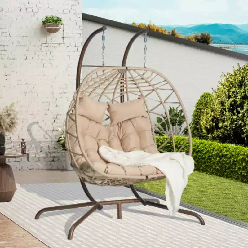 Sedia a Uovo Doppia da Interno-Esterno con Supporto: Altalena a Dondolo in Rattan Sintetico Resistente ai Raggi UV per Patio, Camera da Letto, Balcone - Supporta 272 kg