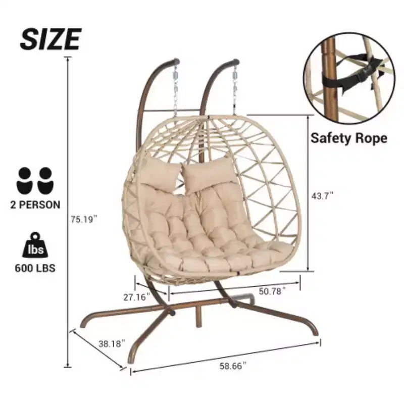 Sedia a Uovo Doppia da Interno-Esterno con Supporto: Altalena a Dondolo in Rattan Sintetico Resistente ai Raggi UV per Patio, Camera da Letto, Balcone - Supporta 272 kg