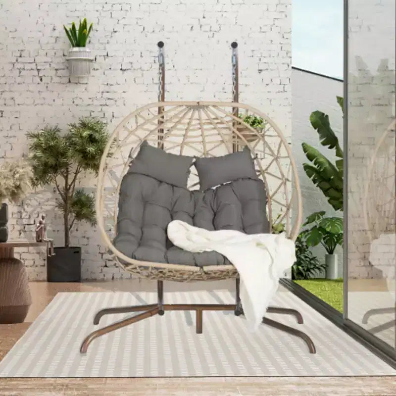 Sedia a Uovo Doppia da Interno-Esterno con Supporto: Altalena a Dondolo in Rattan Sintetico Resistente ai Raggi UV per Patio, Camera da Letto, Balcone - Supporta 272 kg