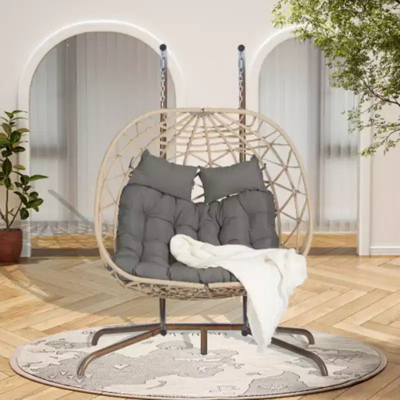 Sedia a Uovo Doppia da Interno-Esterno con Supporto: Altalena a Dondolo in Rattan Sintetico Resistente ai Raggi UV per Patio, Camera da Letto, Balcone - Supporta 272 kg