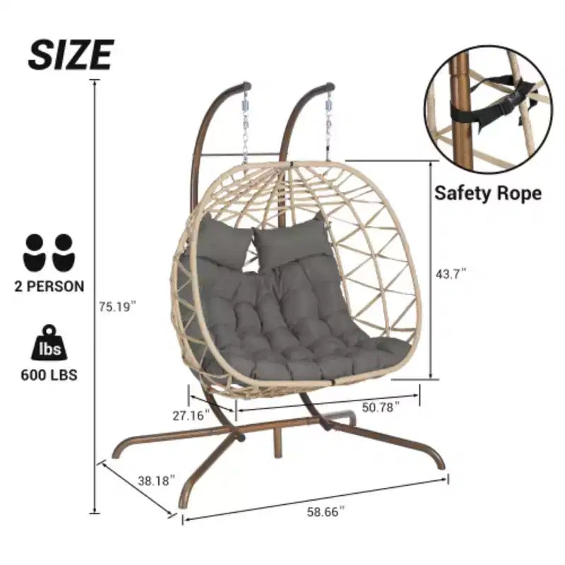 Sedia a Uovo Doppia da Interno-Esterno con Supporto: Altalena a Dondolo in Rattan Sintetico Resistente ai Raggi UV per Patio, Camera da Letto, Balcone - Supporta 272 kg