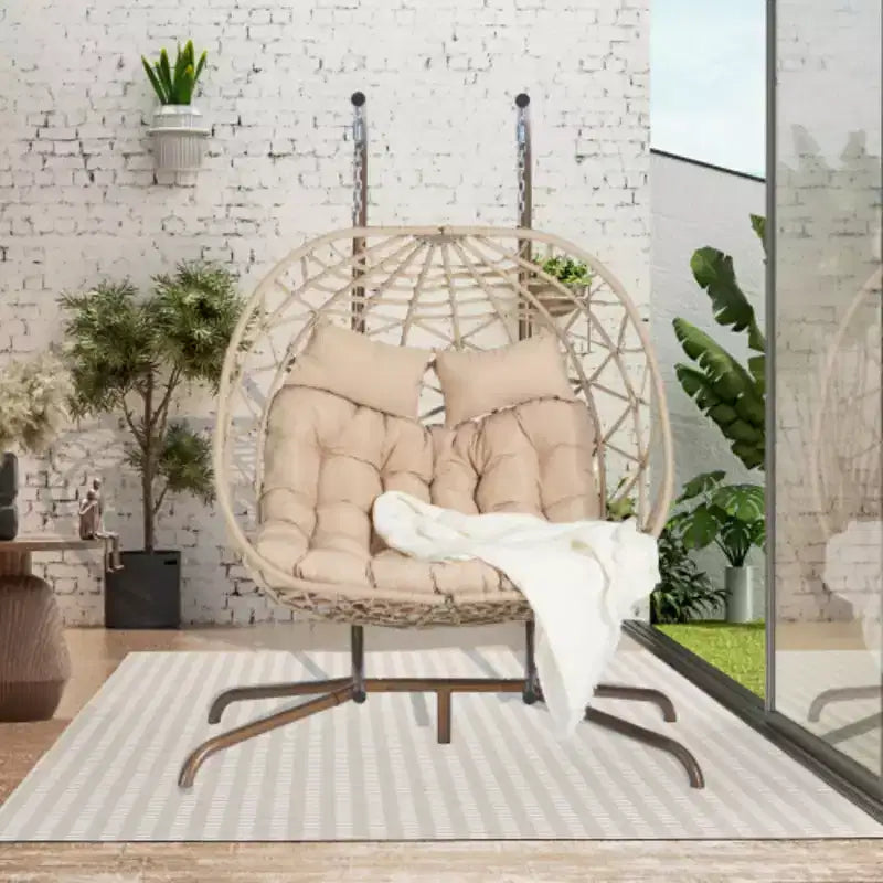 Indoor-Outdoor Double Egg Chair with Stand: UV-Resistant Wicker Rattan Swing Hammock for Patio, Bedroom, Balcony - Supports 600 lbs