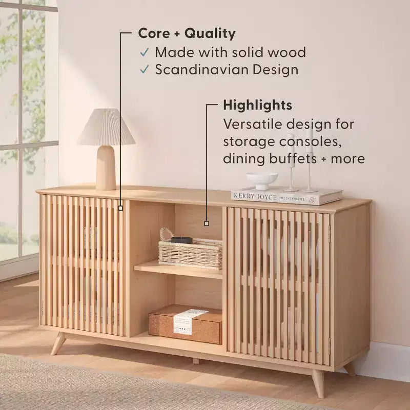 Plank+Beam Mobile TV/Credenza in Legno Massello Mid-Century Moderno con 2 Ante, 59" per Soggiorno