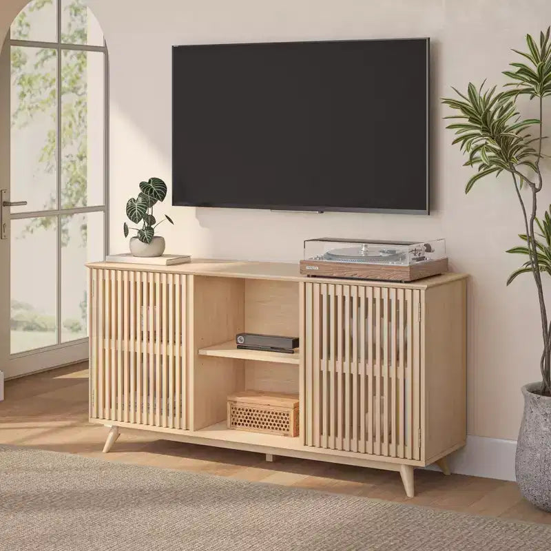 Plank+Beam Mobile TV/Credenza in Legno Massello Mid-Century Moderno con 2 Ante, 59" per Soggiorno