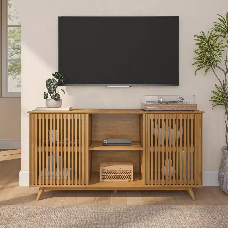 Plank+Beam Mobile TV/Credenza in Legno Massello Mid-Century Moderno con 2 Ante, 59" per Soggiorno