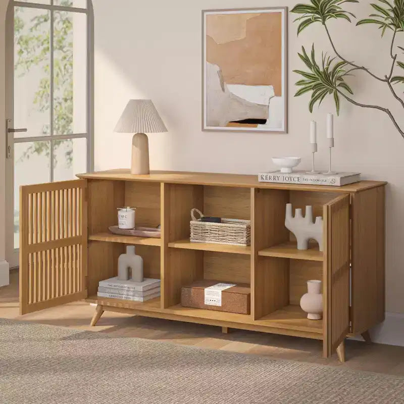 Plank+Beam Mobile TV/Credenza in Legno Massello Mid-Century Moderno con 2 Ante, 59" per Soggiorno