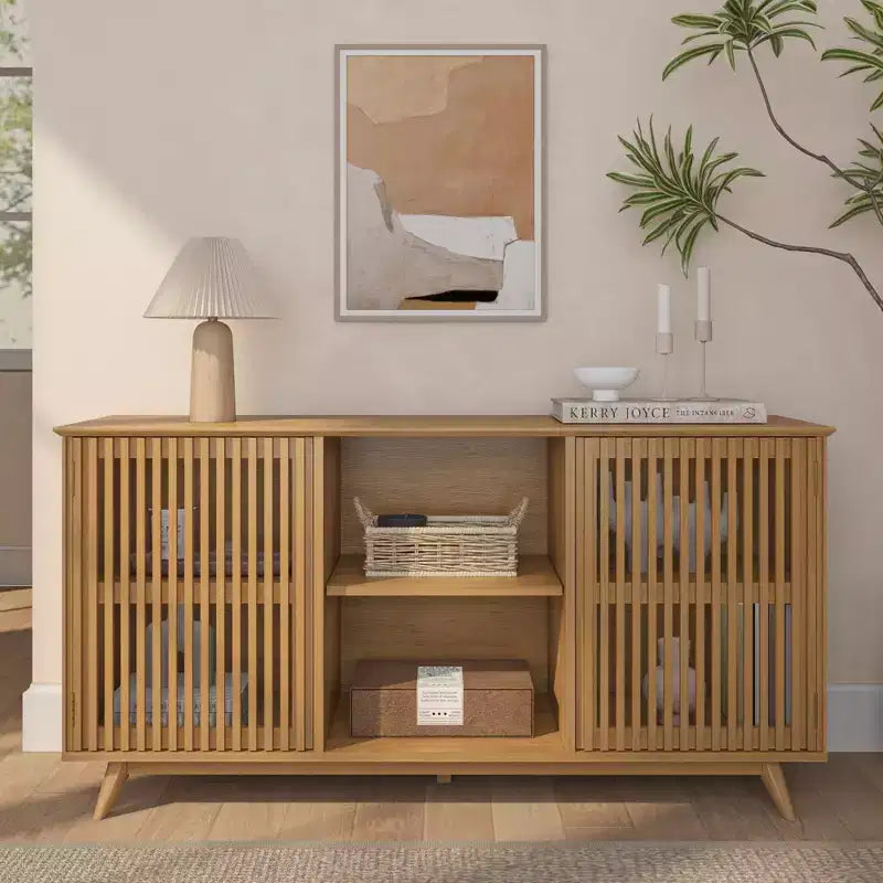 Plank+Beam Mobile TV/Credenza in Legno Massello Mid-Century Moderno con 2 Ante, 59" per Soggiorno