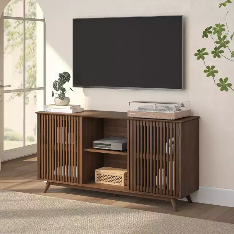 Plank+Beam Mobile TV/Credenza in Legno Massello Mid-Century Moderno con 2 Ante, 59" per Soggiorno
