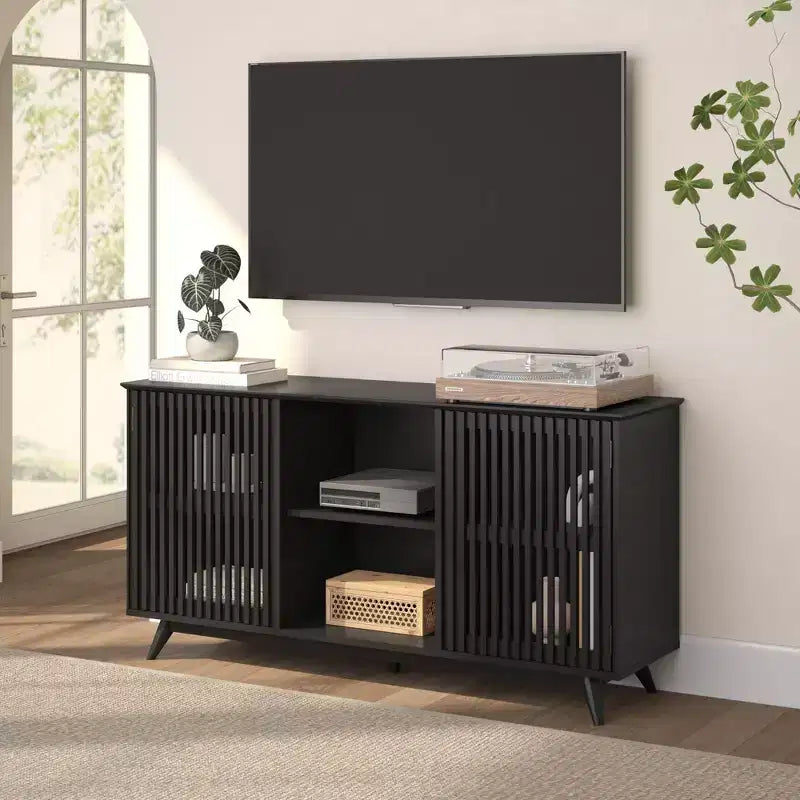 Plank+Beam Mobile TV/Credenza in Legno Massello Mid-Century Moderno con 2 Ante, 59" per Soggiorno