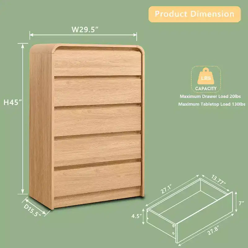 Cassettiera a 5 cassetti SinCiDo per camera da letto, cassettiere e comò moderni alti 114 cm