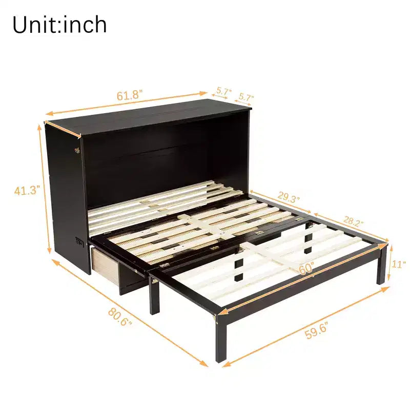 Letto a Scomparsa Whisen Queen Murphy con Stazione di Ricarica - Design in Legno di Pino e Rattan, Soluzione Salvaspazio Pieghevole