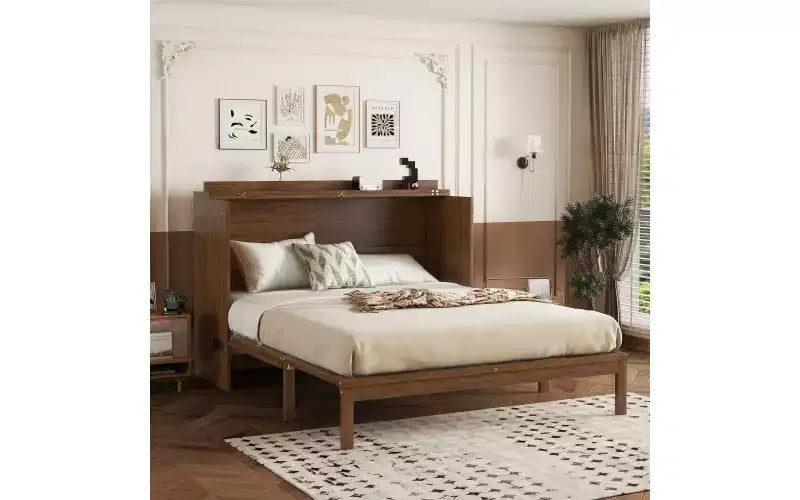 Letto a Scomparsa Whisen Queen Murphy con Stazione di Ricarica - Design in Legno di Pino e Rattan, Soluzione Salvaspazio Pieghevole