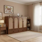 Letto a Scomparsa Whisen Queen Murphy con Stazione di Ricarica - Design in Legno di Pino e Rattan, Soluzione Salvaspazio Pieghevole