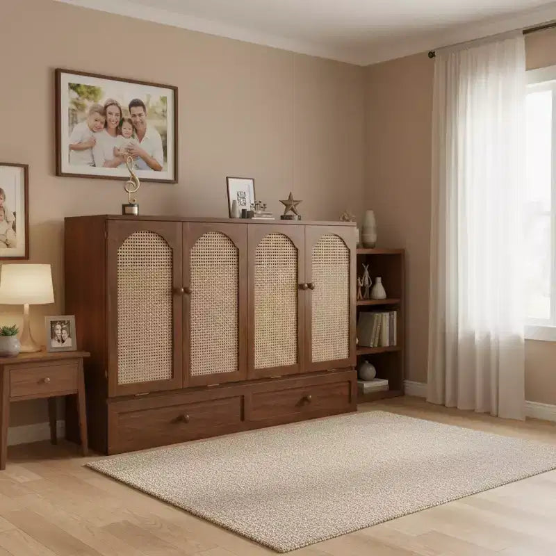 Letto a Scomparsa Whisen Queen Murphy con Stazione di Ricarica - Design in Legno di Pino e Rattan, Soluzione Salvaspazio Pieghevole