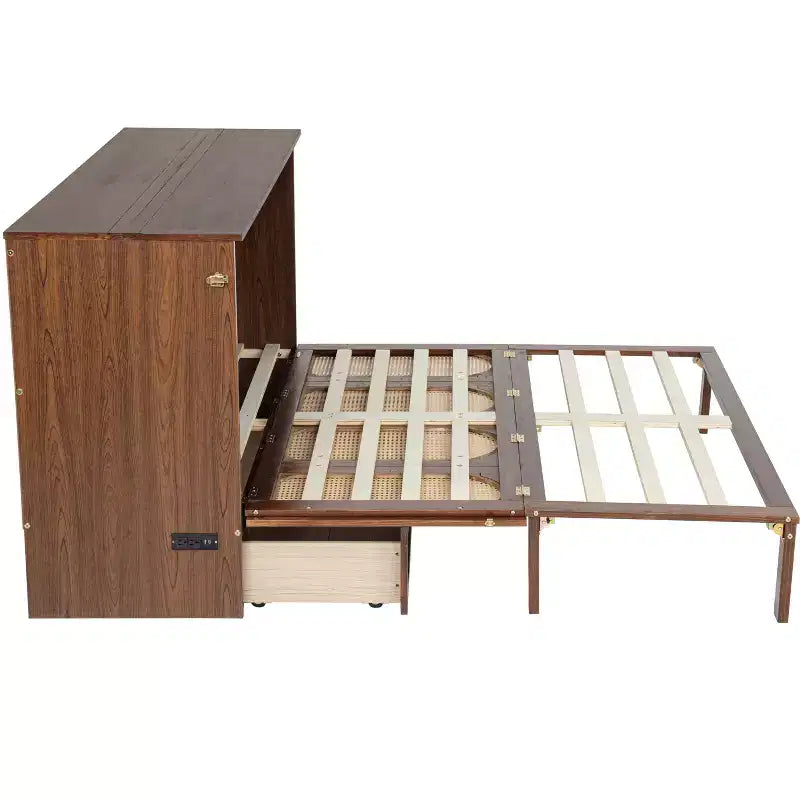 Letto a Scomparsa Whisen Queen Murphy con Stazione di Ricarica - Design in Legno di Pino e Rattan, Soluzione Salvaspazio Pieghevole