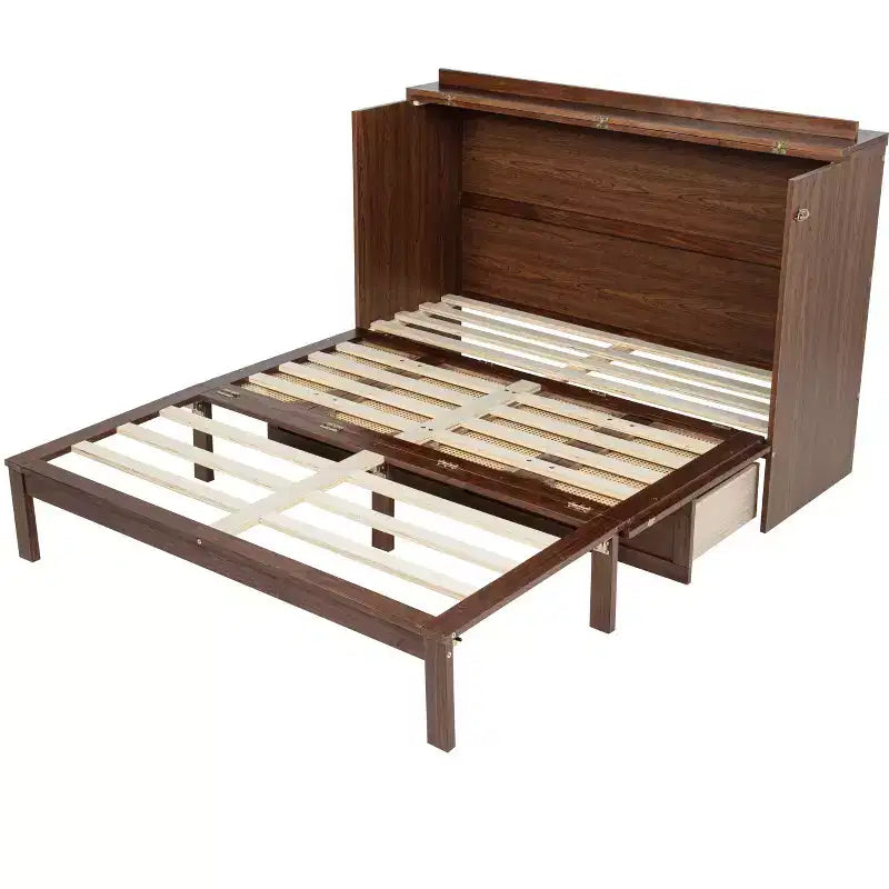 Letto a Scomparsa Whisen Queen Murphy con Stazione di Ricarica - Design in Legno di Pino e Rattan, Soluzione Salvaspazio Pieghevole