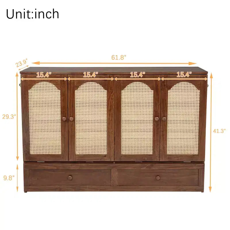 Letto a Scomparsa Whisen Queen Murphy con Stazione di Ricarica - Design in Legno di Pino e Rattan, Soluzione Salvaspazio Pieghevole