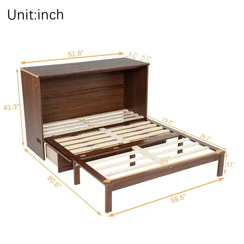 Letto a Scomparsa Whisen Queen Murphy con Stazione di Ricarica - Design in Legno di Pino e Rattan, Soluzione Salvaspazio Pieghevole