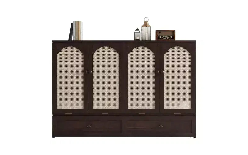 Letto a Scomparsa Whisen Queen Murphy con Stazione di Ricarica - Design in Legno di Pino e Rattan, Soluzione Salvaspazio Pieghevole