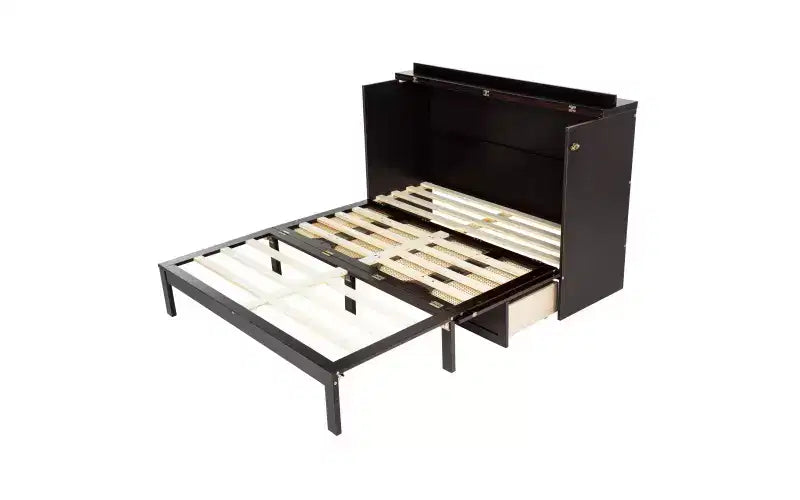 Letto a Scomparsa Whisen Queen Murphy con Stazione di Ricarica - Design in Legno di Pino e Rattan, Soluzione Salvaspazio Pieghevole