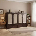 Whisen Queen Murphy Cabinet Bed with Charging Station - Pine Wood & Rattan Design, Foldable Space-Saving Solution
