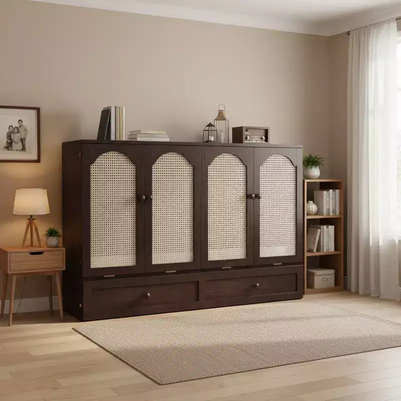 Whisen Queen Murphy Cabinet Bed with Charging Station - Pine Wood & Rattan Design, Foldable Space-Saving Solution