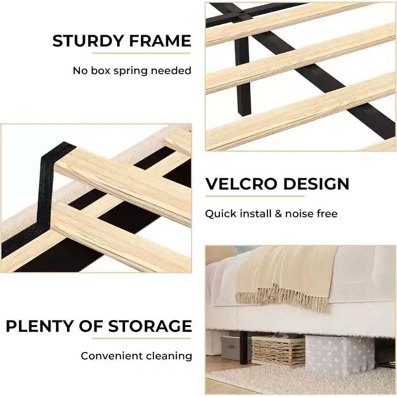 Struttura letto imbottita con testiera per ragazze, piattaforma in tessuto bouclé con cassetti contenitori, design principessa per bambini, supporto robusto in doghe di legno.