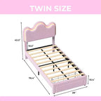Struttura letto imbottita con testiera per ragazze, piattaforma in tessuto bouclé con cassetti contenitori, design principessa per bambini, supporto robusto in doghe di legno.