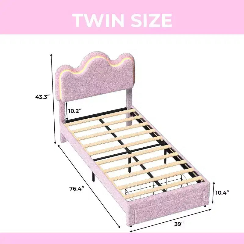 Struttura letto imbottita con testiera per ragazze, piattaforma in tessuto bouclé con cassetti contenitori, design principessa per bambini, supporto robusto in doghe di legno.
