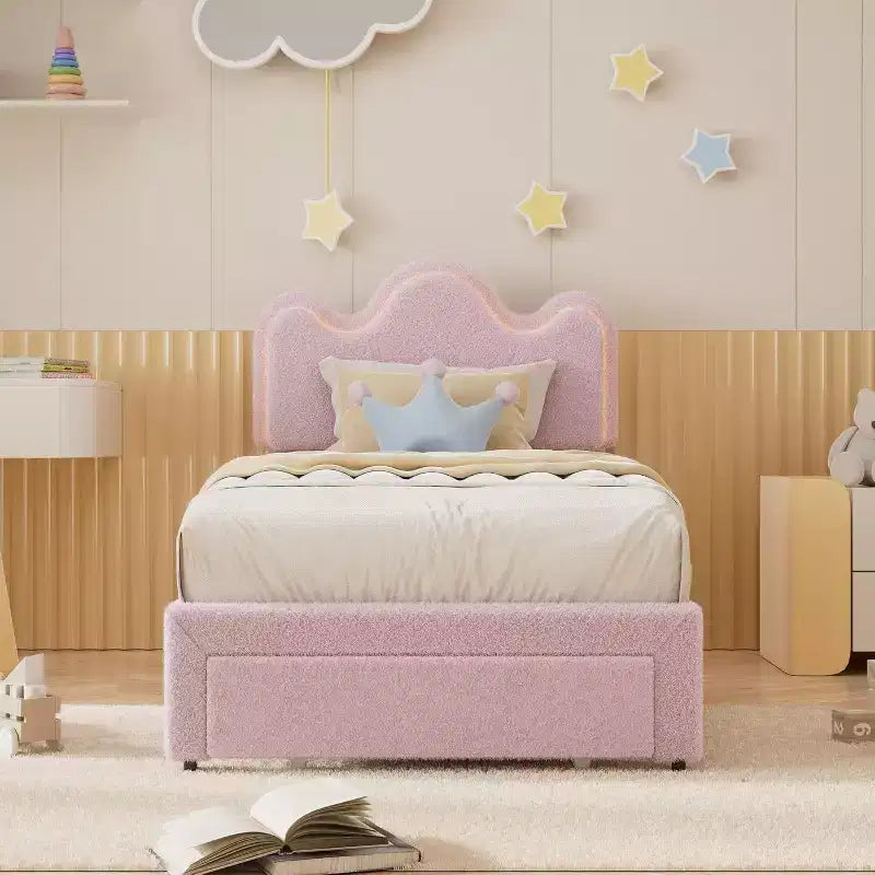 Struttura letto imbottita con testiera per ragazze, piattaforma in tessuto bouclé con cassetti contenitori, design principessa per bambini, supporto robusto in doghe di legno.