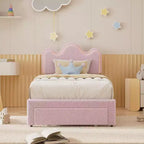 Struttura letto imbottita con testiera per ragazze, piattaforma in tessuto bouclé con cassetti contenitori, design principessa per bambini, supporto robusto in doghe di legno.