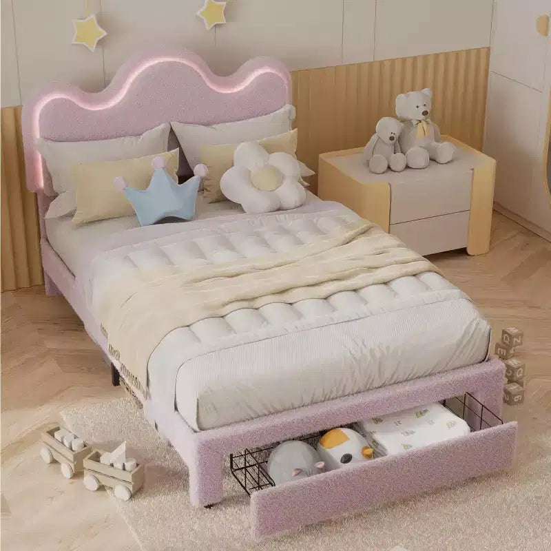 Struttura letto imbottita con testiera per ragazze, piattaforma in tessuto bouclé con cassetti contenitori, design principessa per bambini, supporto robusto in doghe di legno.