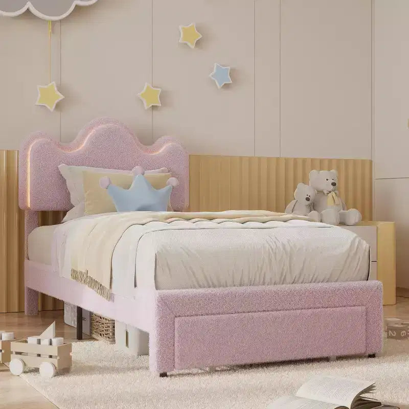 Struttura letto imbottita con testiera per ragazze, piattaforma in tessuto bouclé con cassetti contenitori, design principessa per bambini, supporto robusto in doghe di legno.