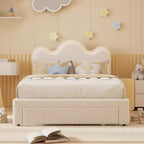 Struttura letto imbottita con testiera per ragazze, piattaforma in tessuto bouclé con cassetti contenitori, design principessa per bambini, supporto robusto in doghe di legno.