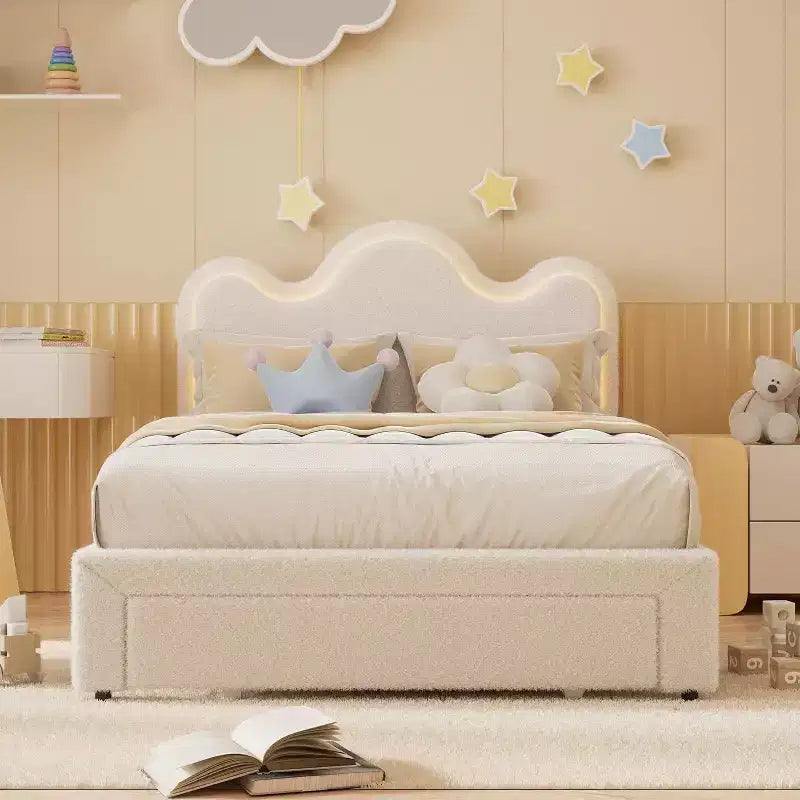 Struttura letto imbottita con testiera per ragazze, piattaforma in tessuto bouclé con cassetti contenitori, design principessa per bambini, supporto robusto in doghe di legno.