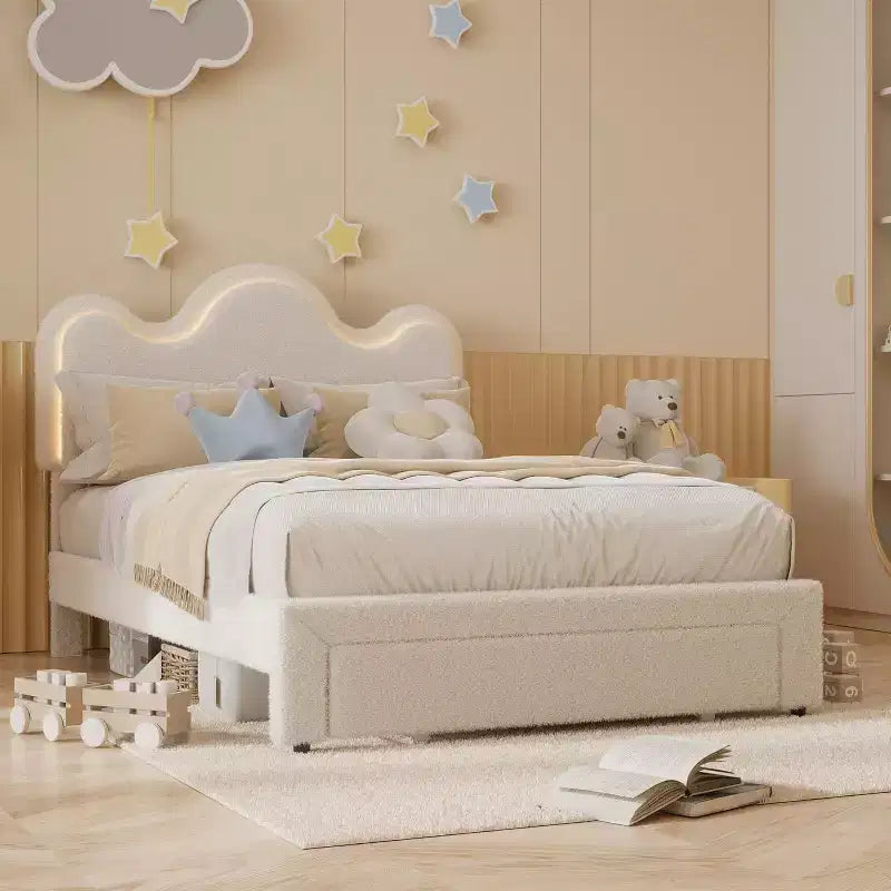 Struttura letto imbottita con testiera per ragazze, piattaforma in tessuto bouclé con cassetti contenitori, design principessa per bambini, supporto robusto in doghe di legno.