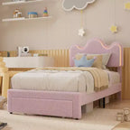 Upholstered Headboard Bed Frame for Girls, Boucle Platform with Storage Drawers, Princess Design for Kids, Strong Wood Slat Support.