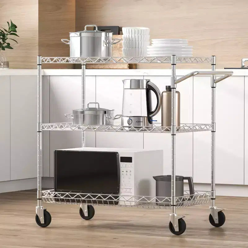 Carrello multiuso da cucina VEVOR, a 3 ripiani, carrello a rotelle in filo metallico con capacità di 300 kg, carrello portaoggetti in metallo con cestello profondo 80 mm, maniglia curva e 6 ganci