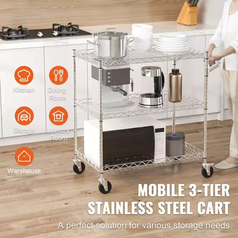 Carrello multiuso da cucina VEVOR, a 3 ripiani, carrello a rotelle in filo metallico con capacità di 300 kg, carrello portaoggetti in metallo con cestello profondo 80 mm, maniglia curva e 6 ganci