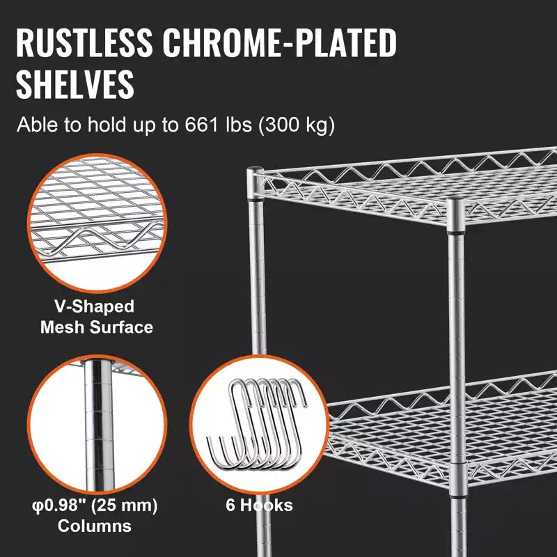 Carrello multiuso da cucina VEVOR, a 3 ripiani, carrello a rotelle in filo metallico con capacità di 300 kg, carrello portaoggetti in metallo con cestello profondo 80 mm, maniglia curva e 6 ganci