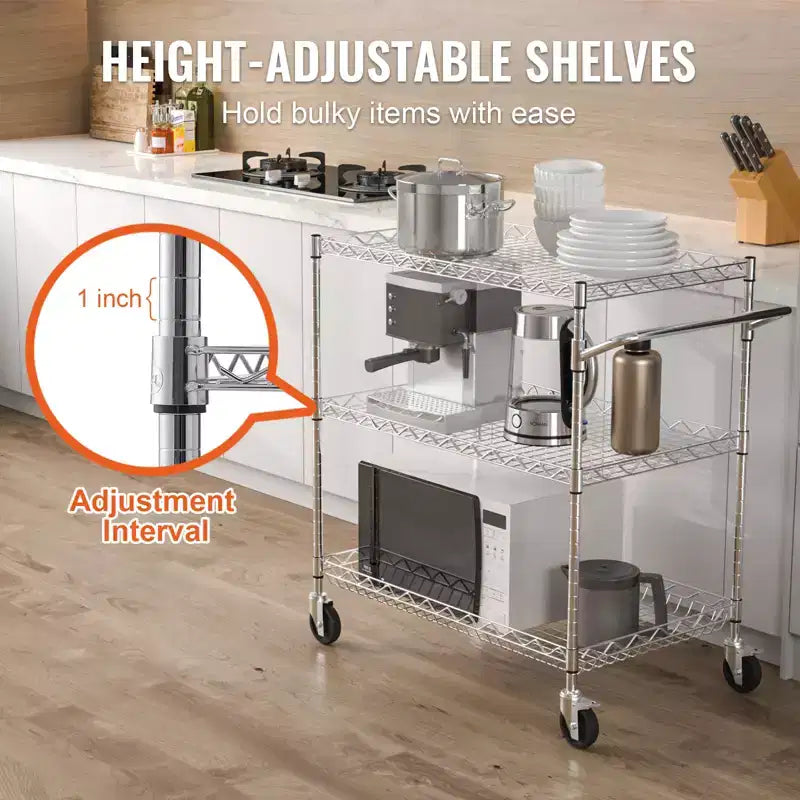Carrello multiuso da cucina VEVOR, a 3 ripiani, carrello a rotelle in filo metallico con capacità di 300 kg, carrello portaoggetti in metallo con cestello profondo 80 mm, maniglia curva e 6 ganci